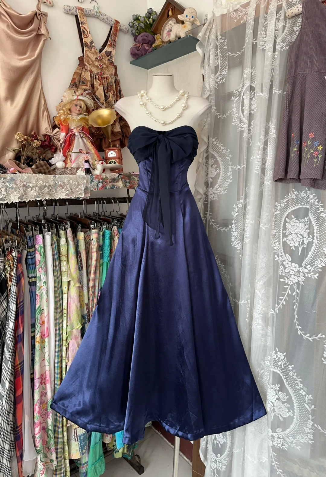 Strapless Royal Blue Satin Prom Dress With Bow Formal Party Dress  P397