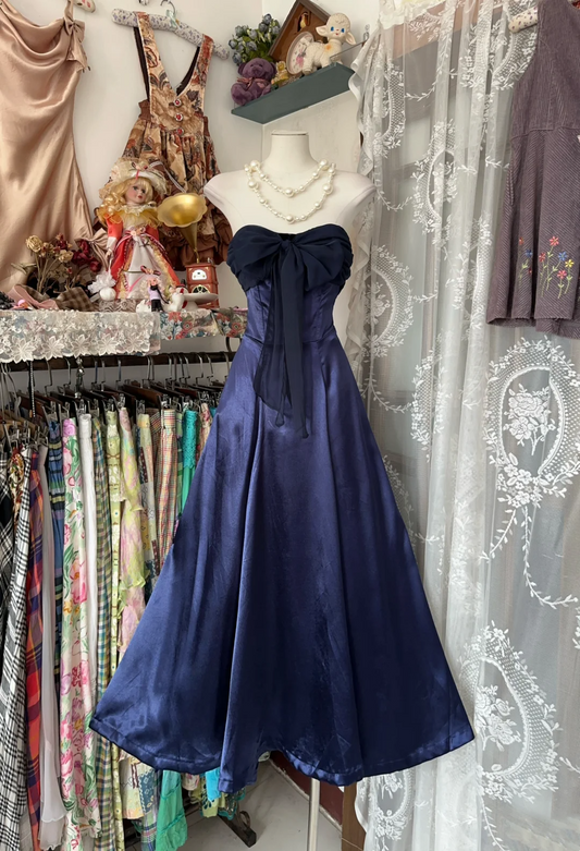 Strapless Royal Blue Satin Prom Dress With Bow Formal Party Dress  P397