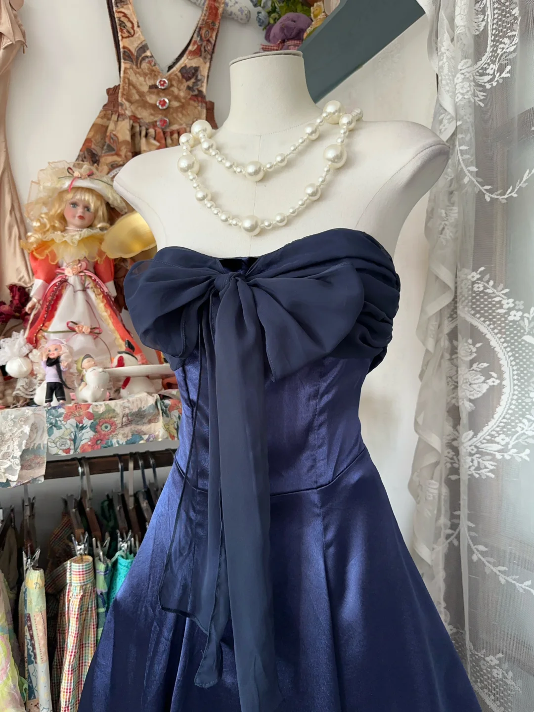 Strapless Royal Blue Satin Prom Dress With Bow Formal Party Dress  P397