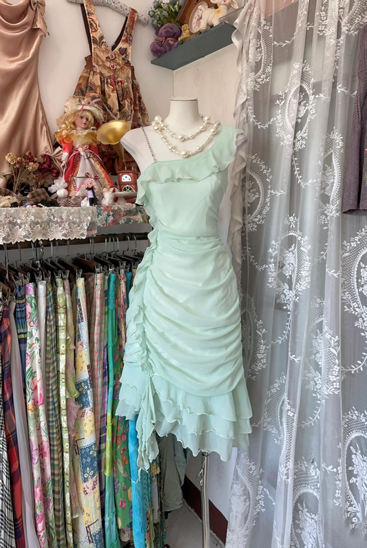 Ruffled Mint Green Chiffon Short Dress Birthday Outfit  P398