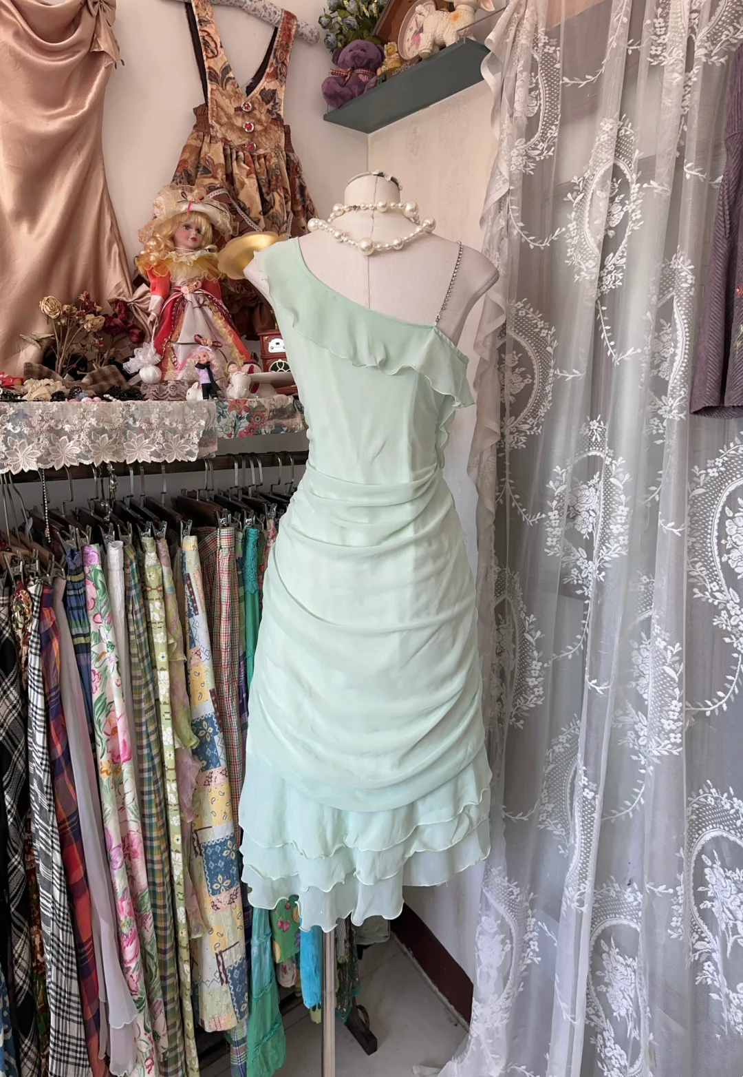 Ruffled Mint Green Chiffon Short Dress Birthday Outfit  P398