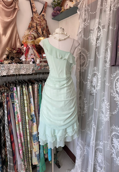 Ruffled Mint Green Chiffon Short Dress Birthday Outfit  P398