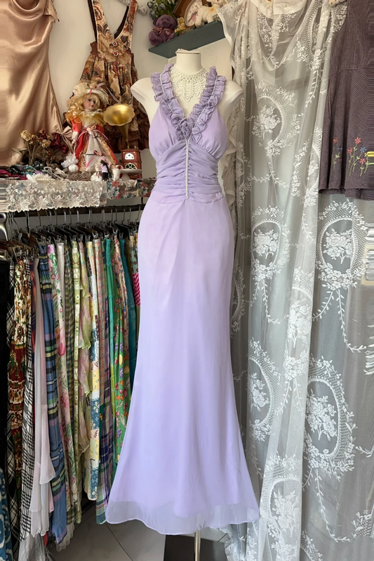 Ruffled V Neck Prom Dress Lilac Mermaid Chiffon Formal Dress  P401