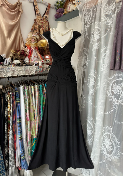 V Neck Black Chiffon Prom Dress Mermaid Formal Evening Dress  P402