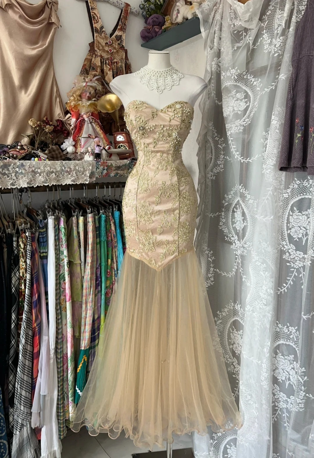 Sweetheart Champagne Mermaid Prom Dress With Appliques Formal Party Dress  P403