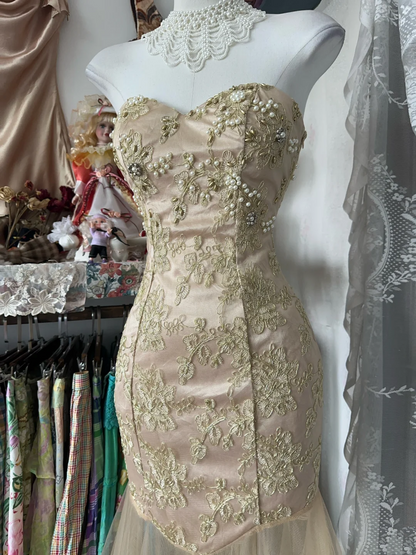 Sweetheart Champagne Mermaid Prom Dress With Appliques Formal Party Dress  P403