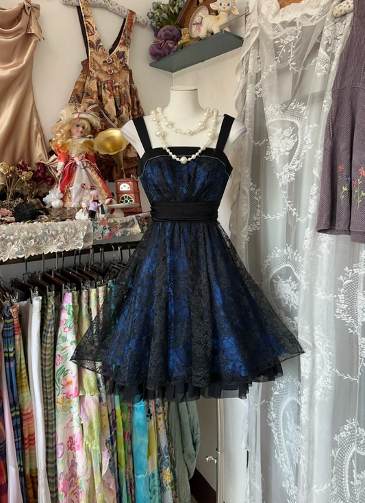 A Line Royal Blue Short Dress Black Lace Birthday Dress  P406