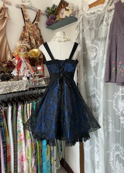 A Line Royal Blue Short Dress Black Lace Birthday Dress  P406