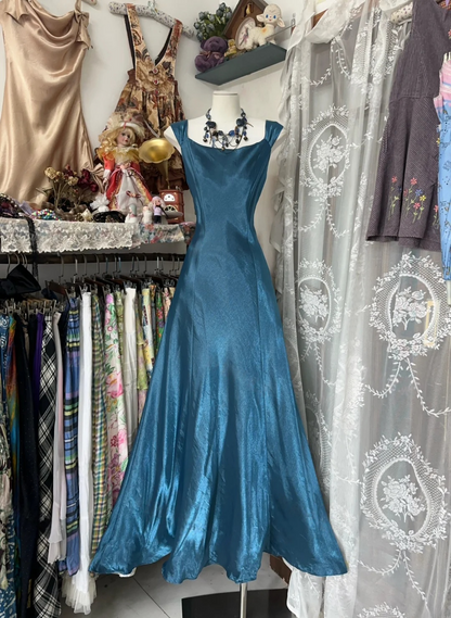 Sleeveless A Line Blue Prom Dress Formal Wedding Guest Dress  P409