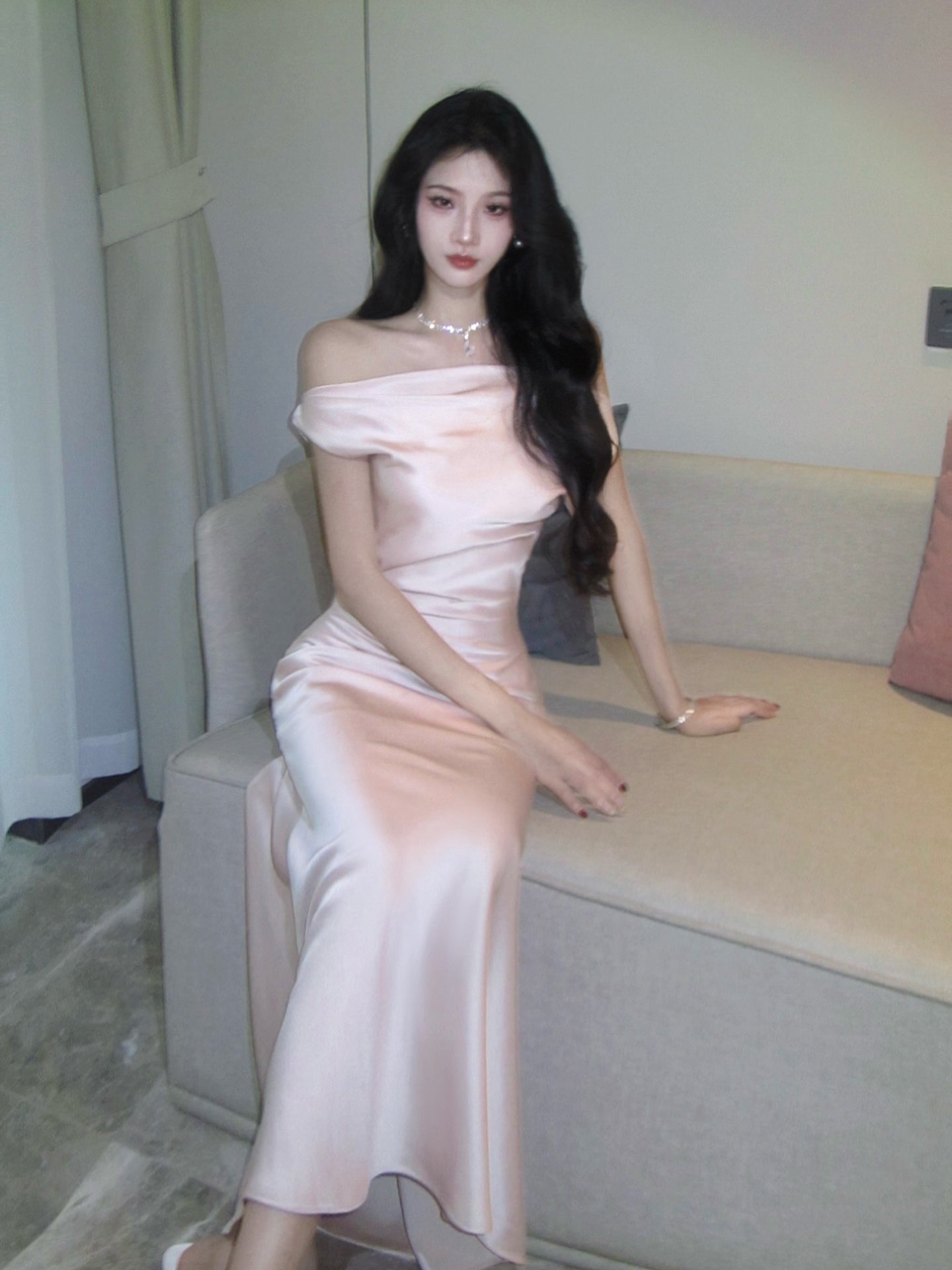 Off The Shoulder Sheath Satin Prom Dress  Evening Dress Formal Party Dress P41
