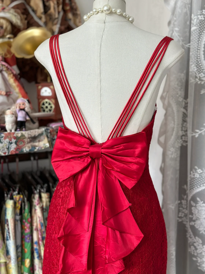 Sheath Lace Short Dress Red Birthday Dress With Bow  P410