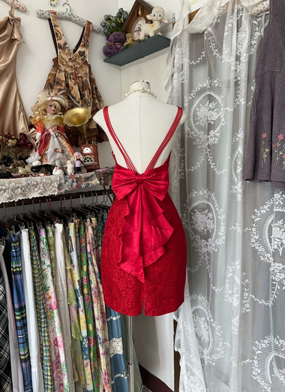Sheath Lace Short Dress Red Birthday Dress With Bow  P410