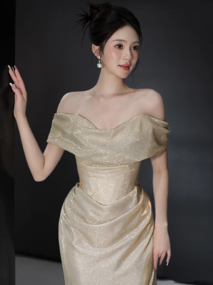 Off The Shoulder Champagne Prom Dress Formal Party Dress P413