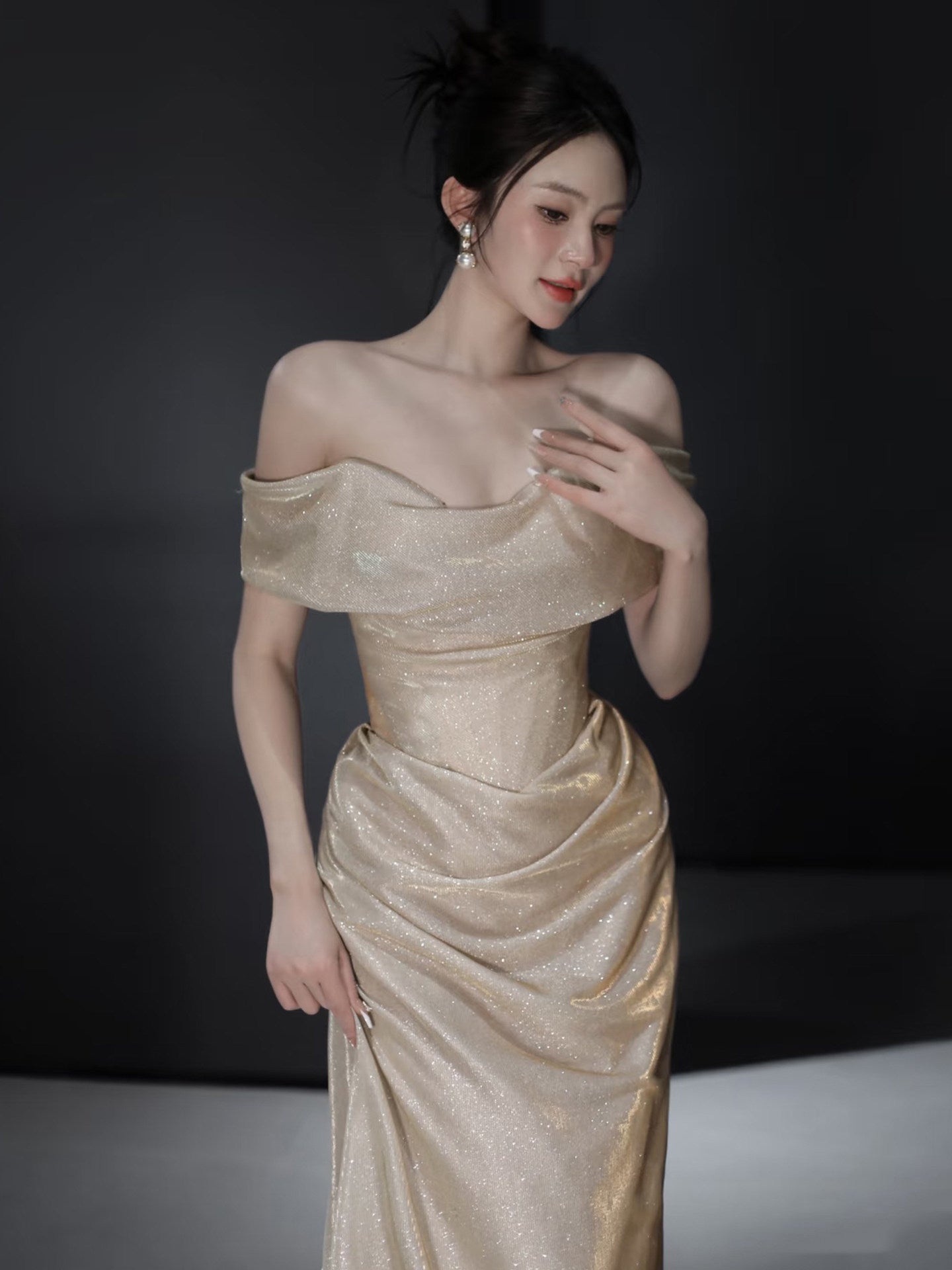 Off The Shoulder Champagne Prom Dress Formal Party Dress P413