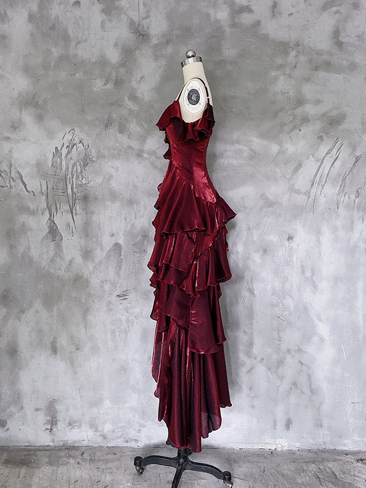 Irregular Spaghetti Straps Birthday Dress Ruffled Burgundy Party Dress P414