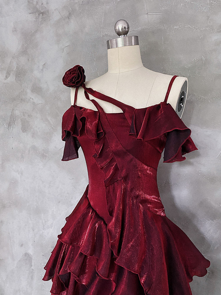Irregular Spaghetti Straps Birthday Dress Ruffled Burgundy Party Dress P414