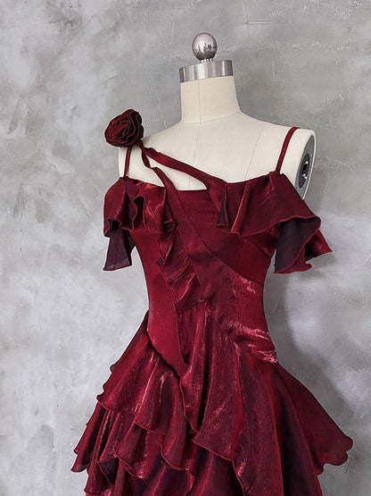 Irregular Spaghetti Straps Birthday Dress Ruffled Burgundy Party Dress P414