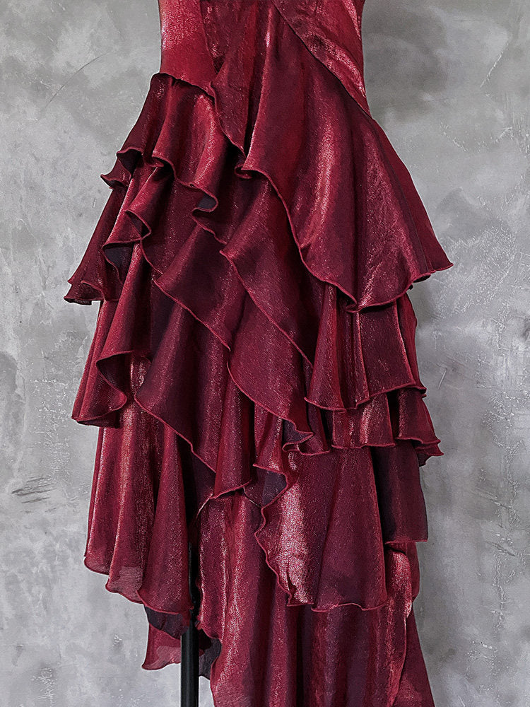 Irregular Spaghetti Straps Birthday Dress Ruffled Burgundy Party Dress P414