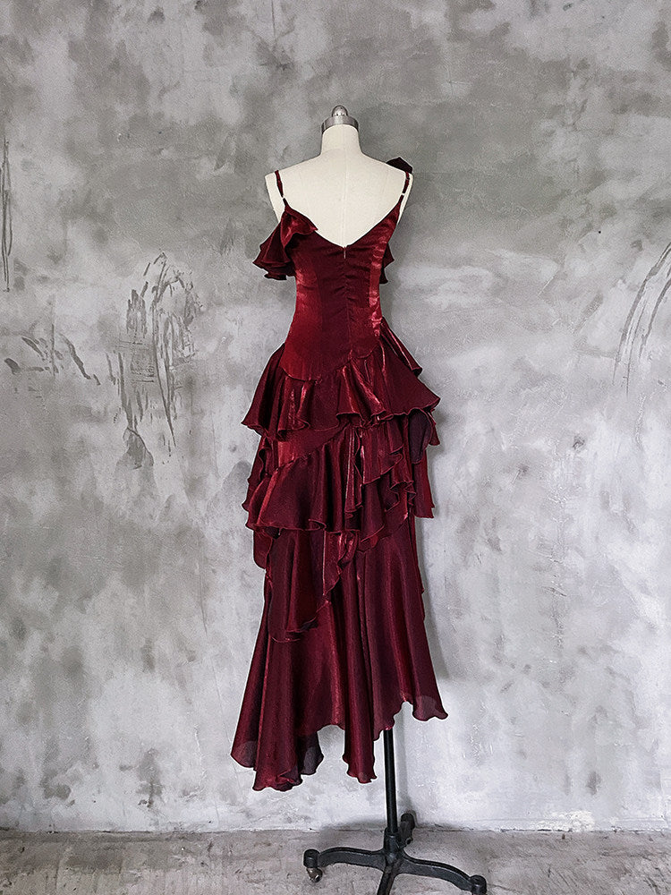 Irregular Spaghetti Straps Birthday Dress Ruffled Burgundy Party Dress P414
