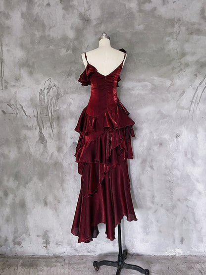 Irregular Spaghetti Straps Birthday Dress Ruffled Burgundy Party Dress P414