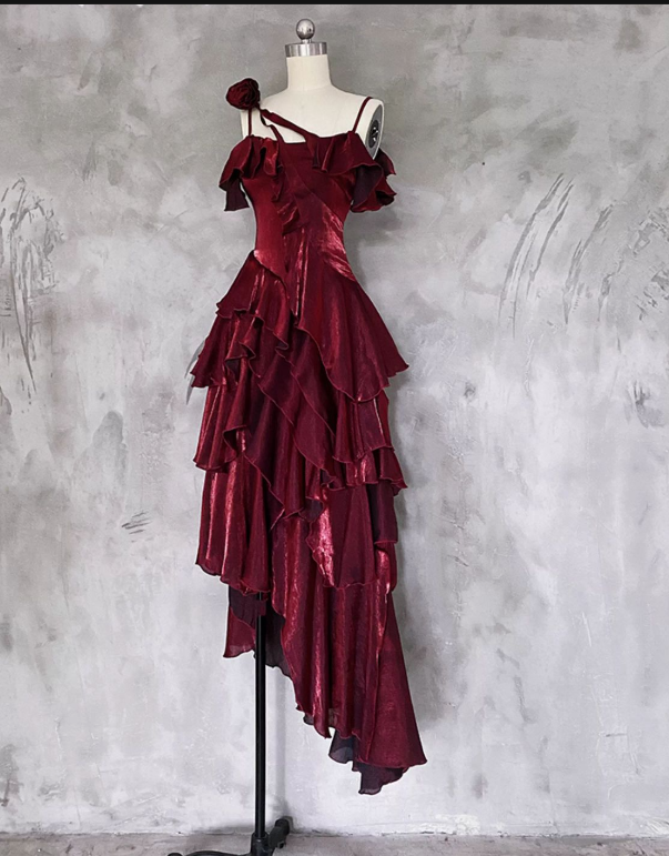 Irregular Spaghetti Straps Birthday Dress Ruffled Burgundy Party Dress P414