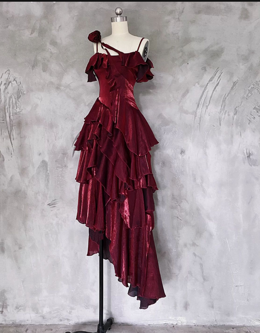 Irregular Spaghetti Straps Birthday Dress Ruffled Burgundy Party Dress P414