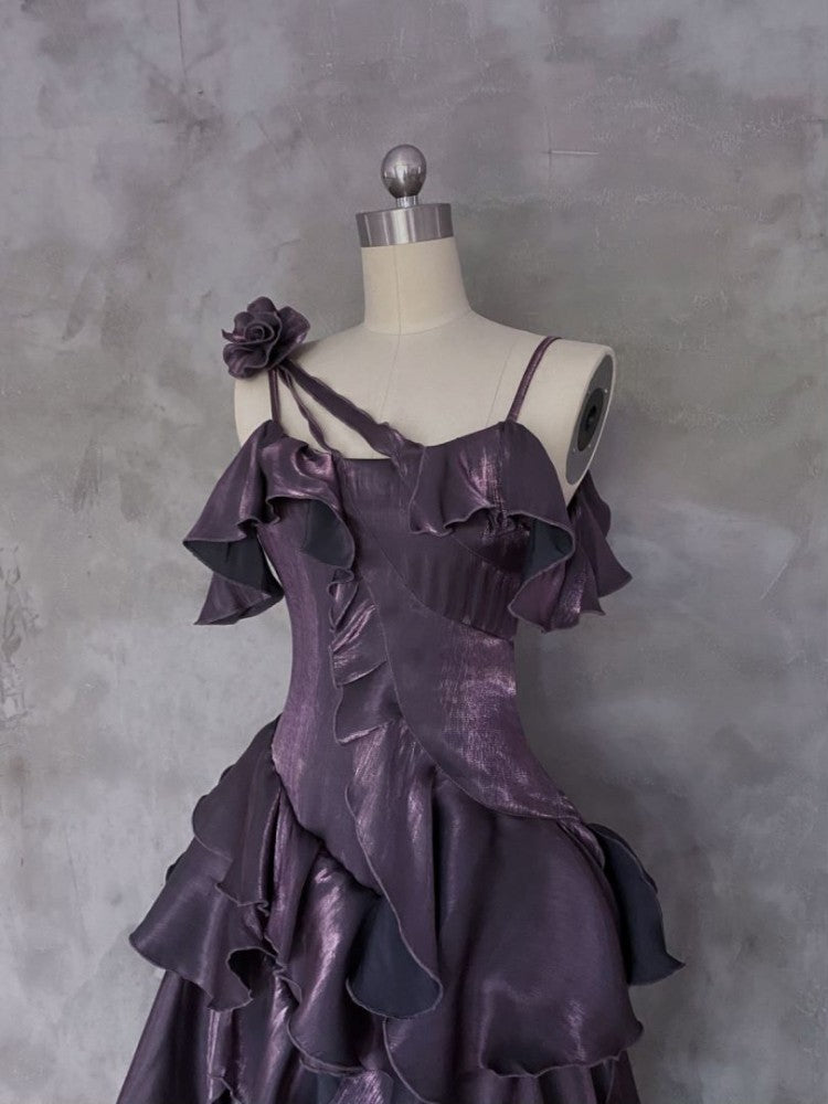 Irregular Spaghetti Straps Birthday Dress Ruffled Purple Party Dress P415