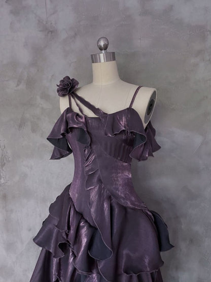 Irregular Spaghetti Straps Birthday Dress Ruffled Purple Party Dress P415