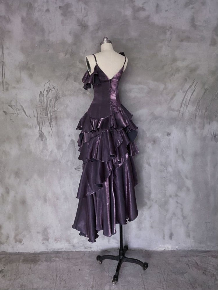 Irregular Spaghetti Straps Birthday Dress Ruffled Purple Party Dress P415