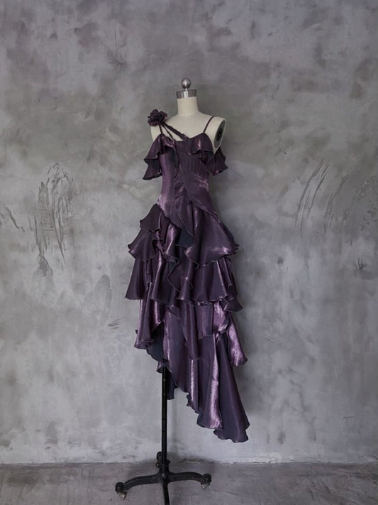 Irregular Spaghetti Straps Birthday Dress Ruffled Purple Party Dress P415