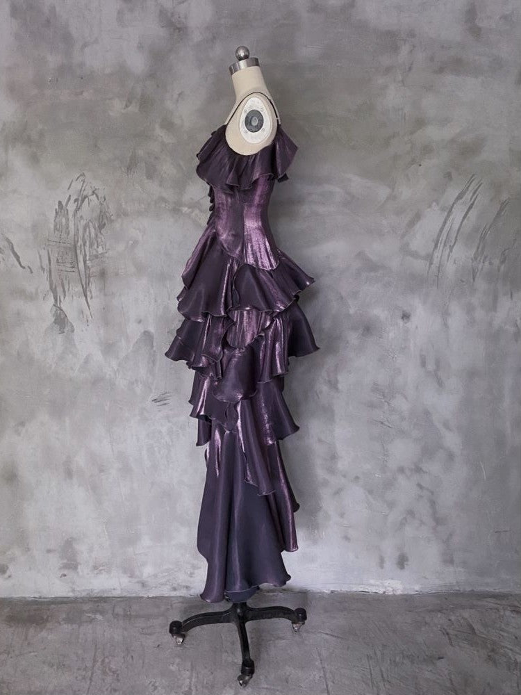 Irregular Spaghetti Straps Birthday Dress Ruffled Purple Party Dress P415