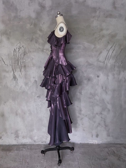 Irregular Spaghetti Straps Birthday Dress Ruffled Purple Party Dress P415