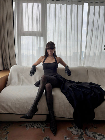 Halter Black Prom Dress Layered A Line Hight Low Party Dress  P416