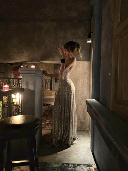 Spaghetti Straps Sequin Prom Dress Sexy Sparkle Evening Dress  P417