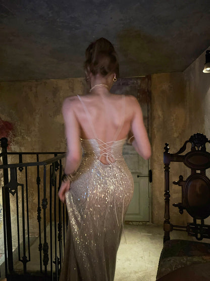 Spaghetti Straps Sequin Prom Dress Sexy Sparkle Evening Dress  P417