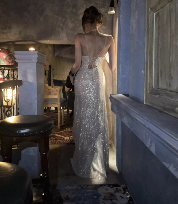 Spaghetti Straps Sequin Prom Dress Sexy Sparkle Evening Dress  P417