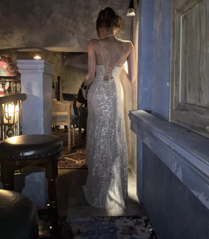 Spaghetti Straps Sequin Prom Dress Sexy Sparkle Evening Dress  P417