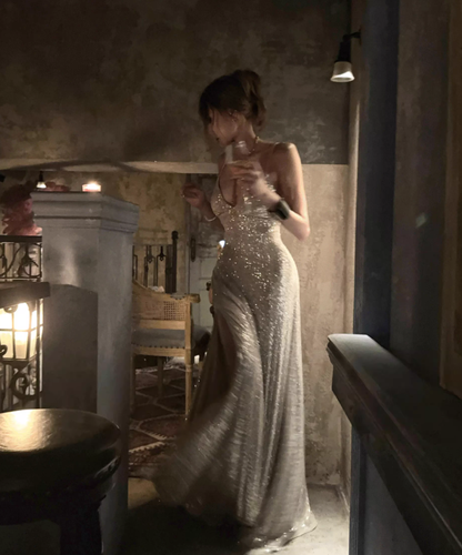 Spaghetti Straps Sequin Prom Dress Sexy Sparkle Evening Dress  P417