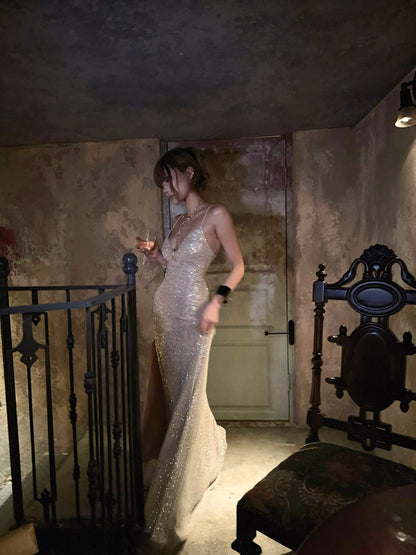 Spaghetti Straps Sequin Prom Dress Sexy Sparkle Evening Dress  P417