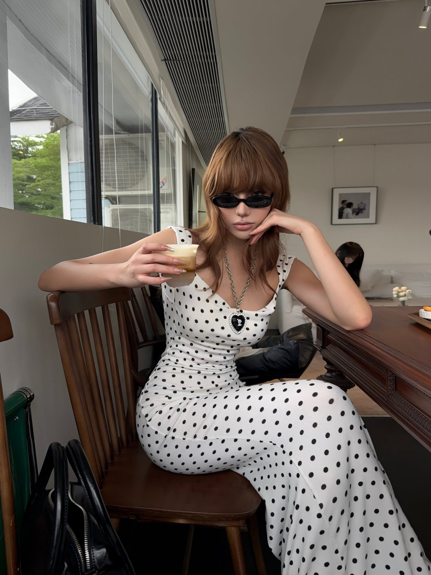 Backless Polka Dots French Style Birthday Dress Hip-hugging Long Dress  P418