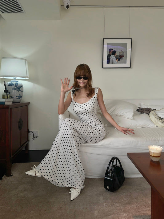 Backless Polka Dots French Style Birthday Dress Hip-hugging Long Dress  P418