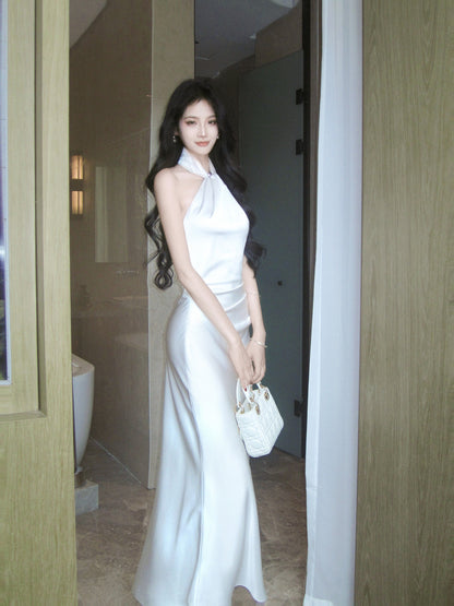 Halter Mermaid Simple Wedding Dress Satin Evening Dress P42