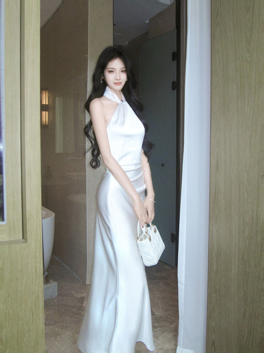 Halter Mermaid Simple Wedding Dress Satin Evening Dress P42