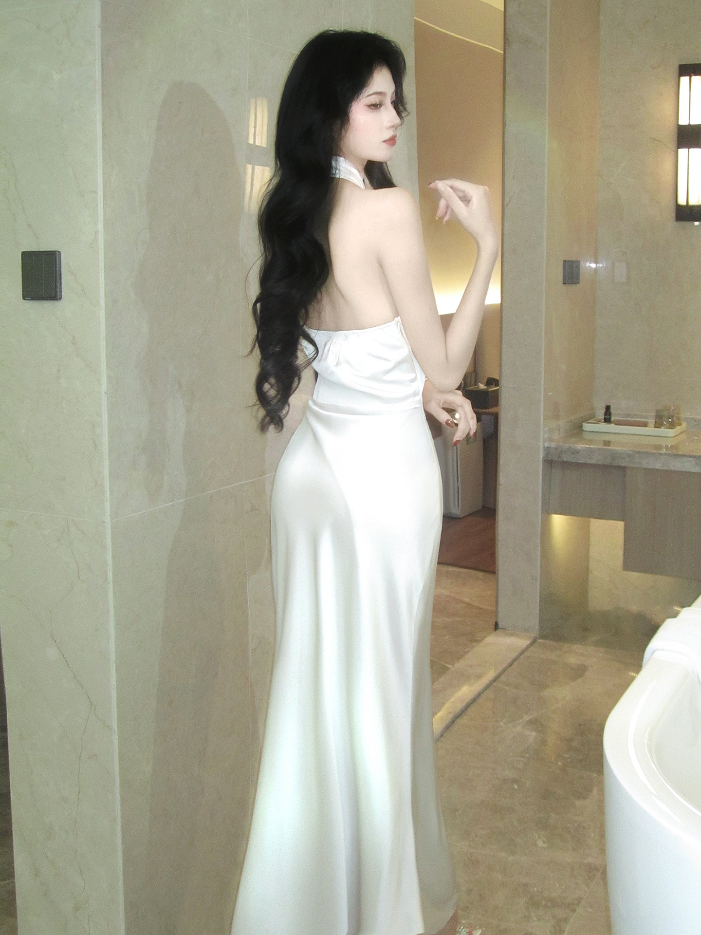 Halter Mermaid Simple Wedding Dress Satin Evening Dress P42