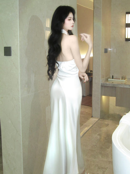 Halter Mermaid Simple Wedding Dress Satin Evening Dress P42