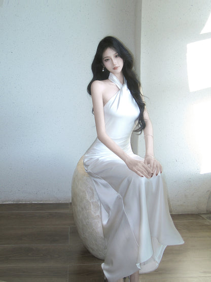 Halter Mermaid Simple Wedding Dress Satin Evening Dress P42