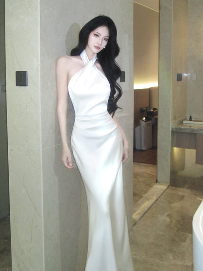 Halter Mermaid Simple Wedding Dress Satin Evening Dress P42