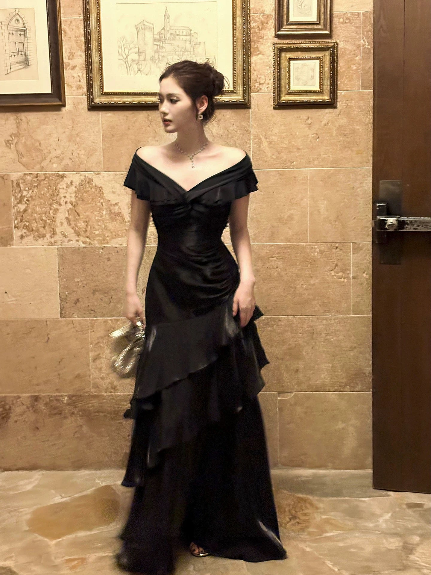 Off The Shoulder Burgundy Retro Prom Dress  Ruffle Layered Evening Dress  P420