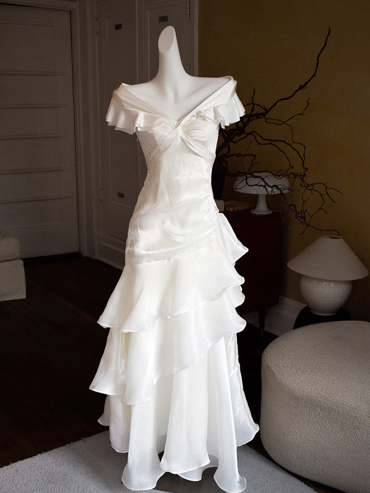 Off The Shoulder Off White Retro Prom Dress  Ruffle Layered Evening Dress  P421