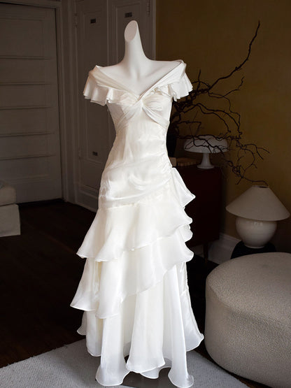 Off The Shoulder Off White Retro Prom Dress  Ruffle Layered Evening Dress  P421